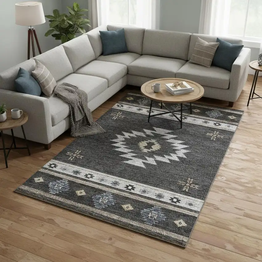 Midnight Ivory And Beige Geometric Washable Area Rug With UV Protection Photo 2