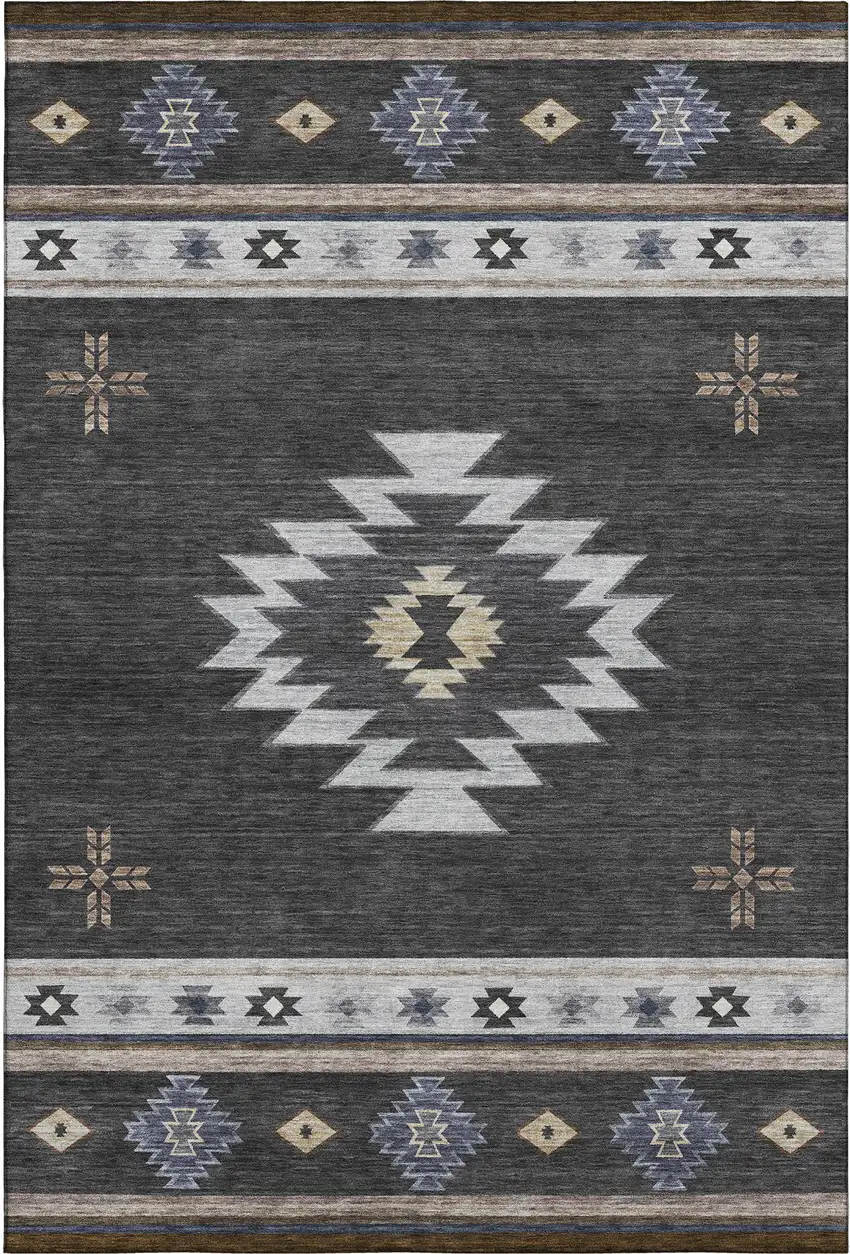 Midnight Ivory And Beige Geometric Washable Area Rug With UV Protection Photo 1