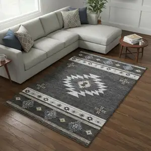Photo of Midnight Ivory And Beige Geometric Washable Area Rug With UV Protection