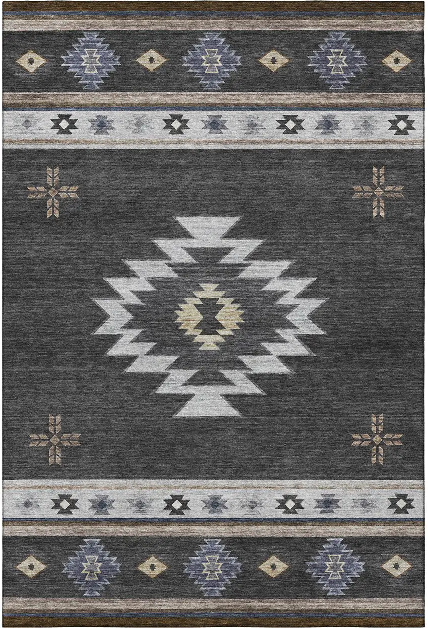 Midnight Ivory And Beige Geometric Washable Area Rug With UV Protection Photo 5