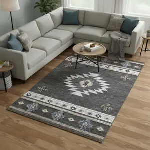 Photo of Midnight Ivory And Beige Geometric Washable Area Rug With UV Protection