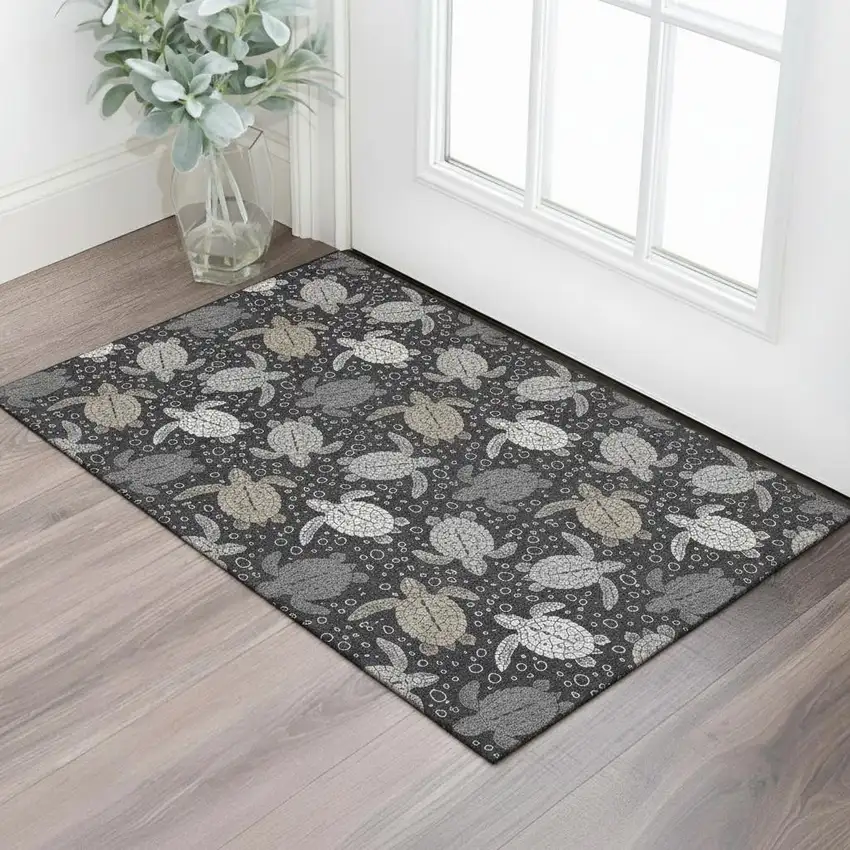 Midnight Ivory And Gray Geometric Washable Area Rug With UV Protection Photo 1