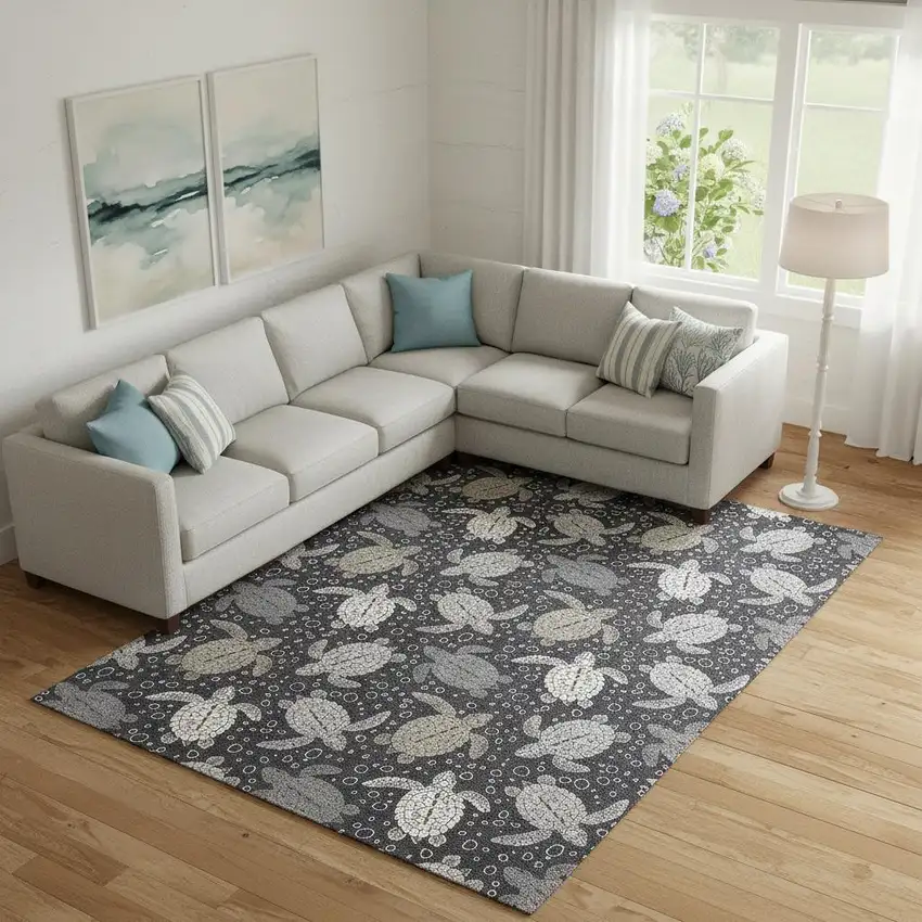 Midnight Ivory And Gray Geometric Washable Area Rug With UV Protection Photo 1