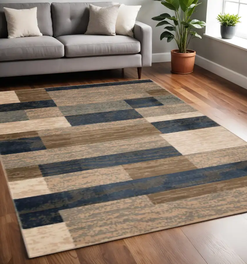 Blue Brown And Beige Patchwork Area Rug Photo 1