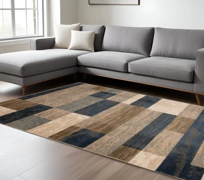 Blue Brown And Beige Patchwork Area Rug Photo 1
