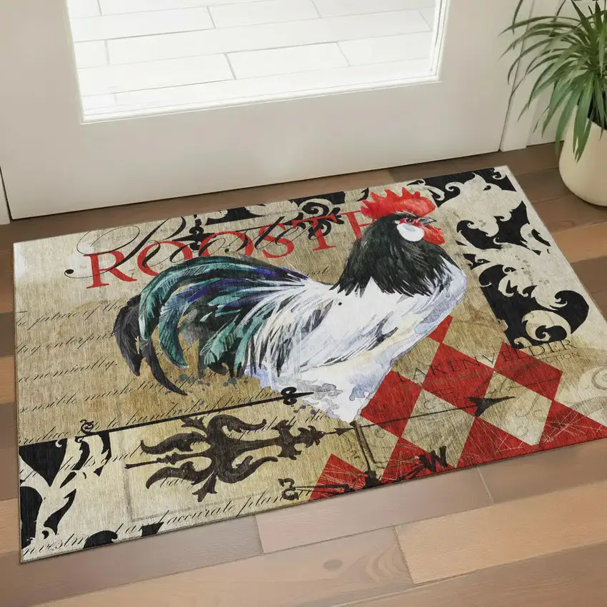 Midnight Red And Beige Animal Print Washable Area Rug With UV Protection Photo 1