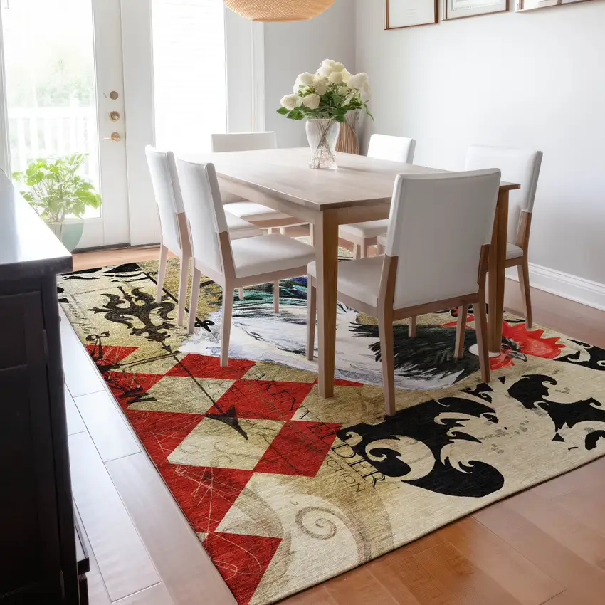 Midnight Red And Beige Animal Print Washable Area Rug With UV Protection Photo 6