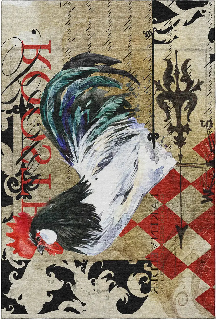 Midnight Red And Beige Animal Print Washable Area Rug With UV Protection Photo 5