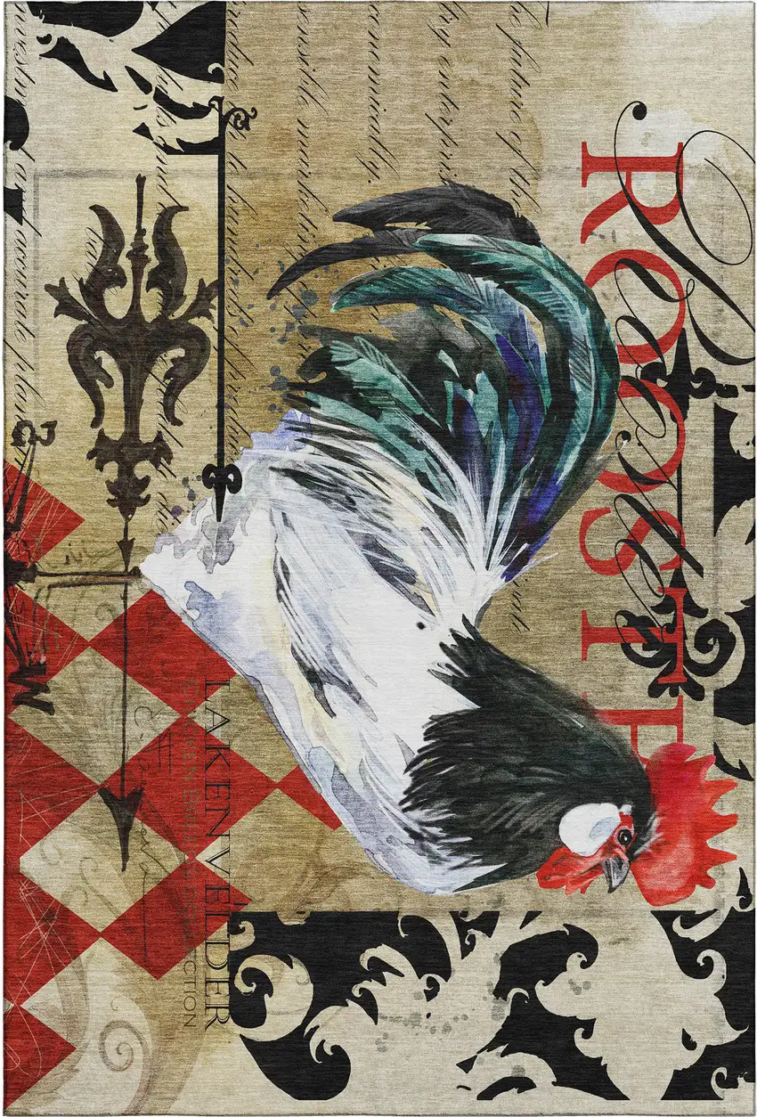 Midnight Red And Beige Animal Print Washable Area Rug With UV Protection Photo 2