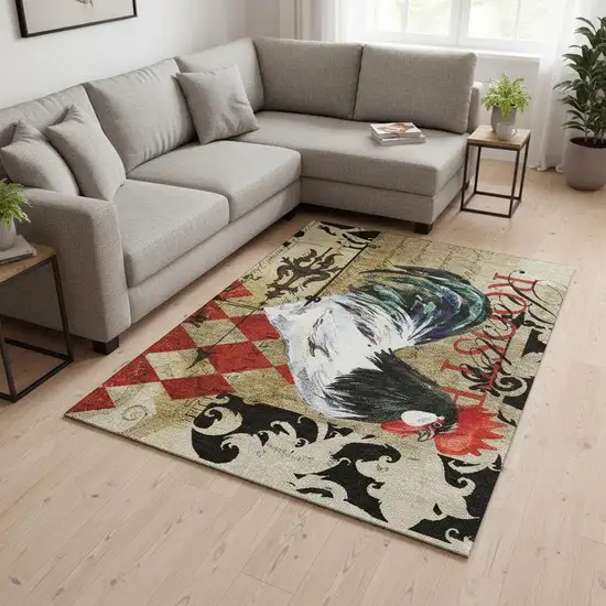 Midnight Red And Beige Animal Print Washable Area Rug With UV Protection Photo 1