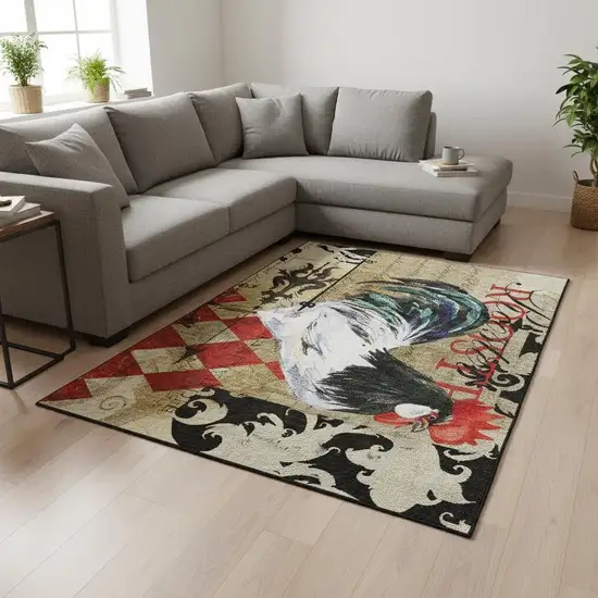 Midnight Red And Beige Animal Print Washable Area Rug With UV Protection Photo 1