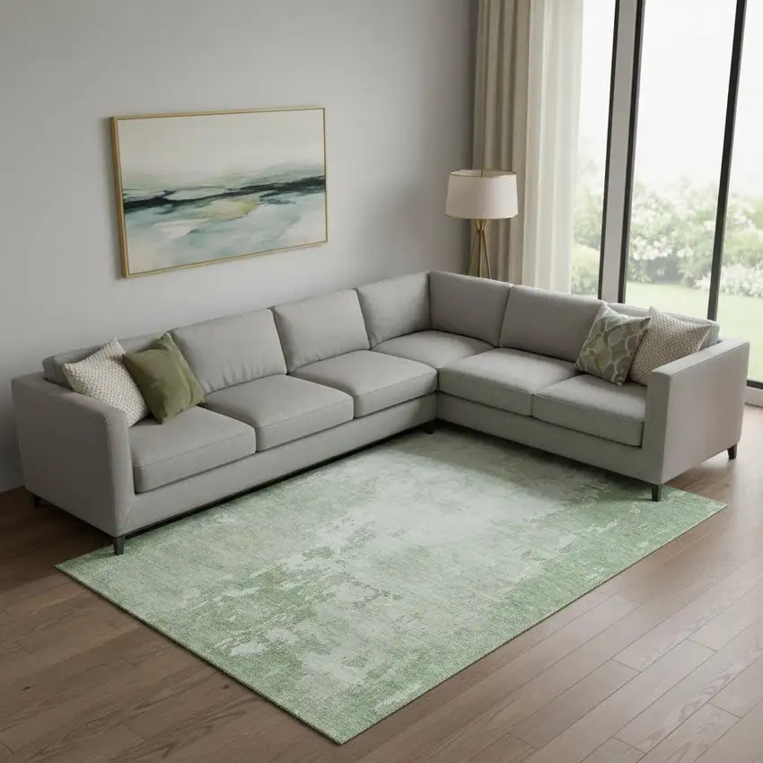 Mint Green And Beige Abstract Washable Area Rug With UV Protection Photo 2
