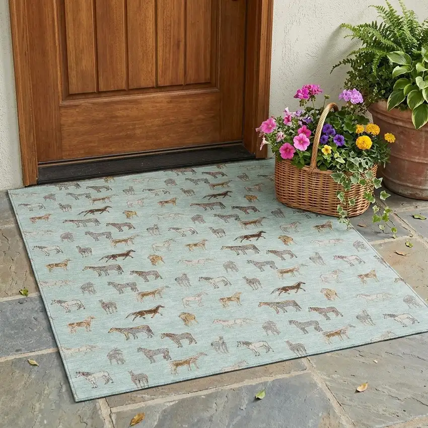 Mint Green And Beige Horse Washable Indoor Outdoor Area Rug Photo 1