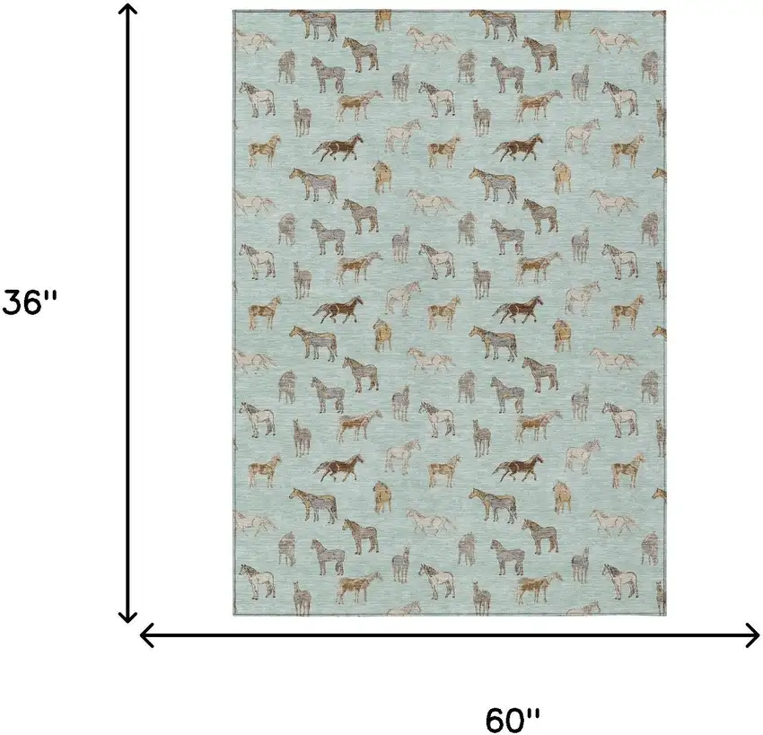 Mint Green And Beige Horse Washable Indoor Outdoor Area Rug Photo 7