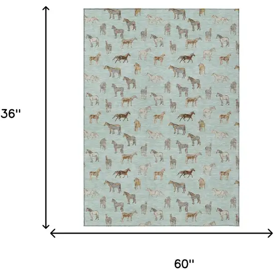Mint Green And Beige Horse Washable Indoor Outdoor Area Rug Photo 7