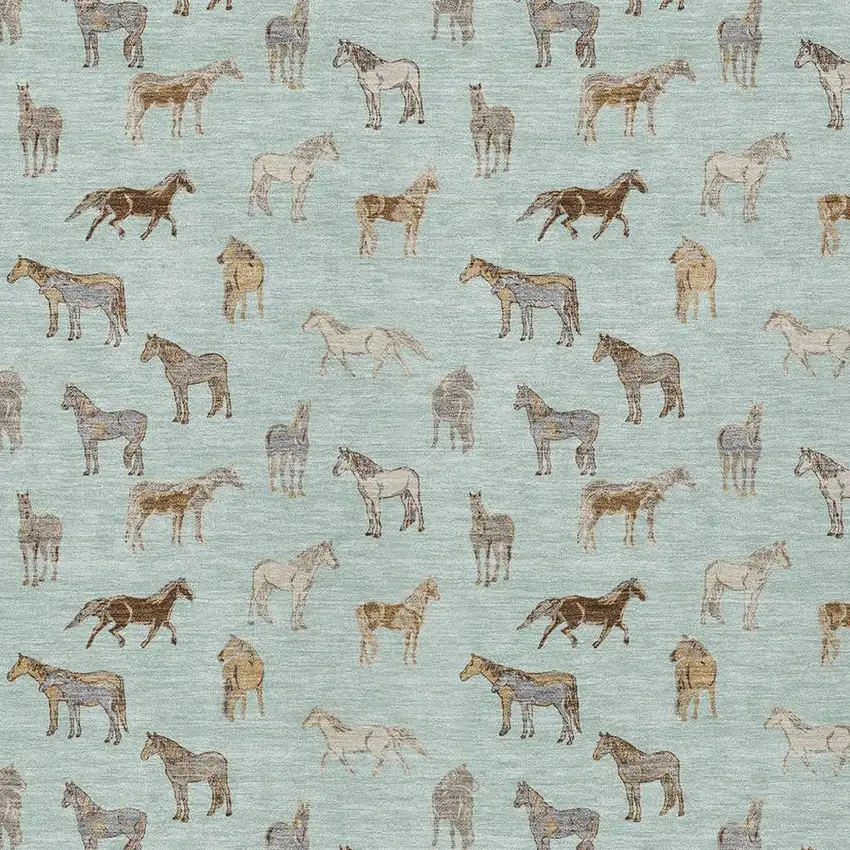 Mint Green And Beige Horse Washable Indoor Outdoor Area Rug Photo 3