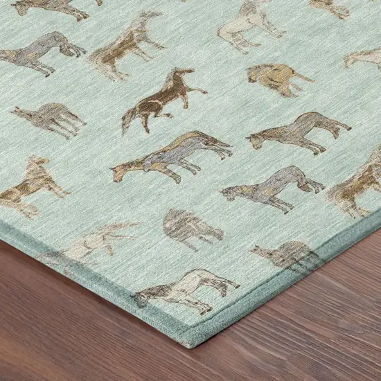 Mint Green And Beige Horse Washable Indoor Outdoor Area Rug Photo 5