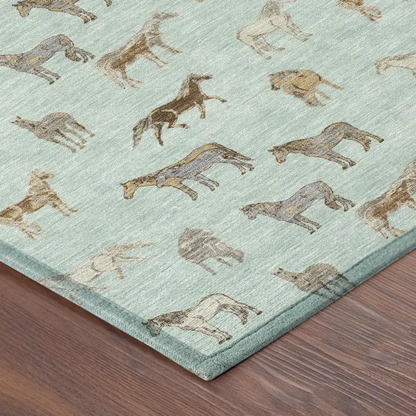 Mint Green And Beige Horse Washable Indoor Outdoor Area Rug Photo 5