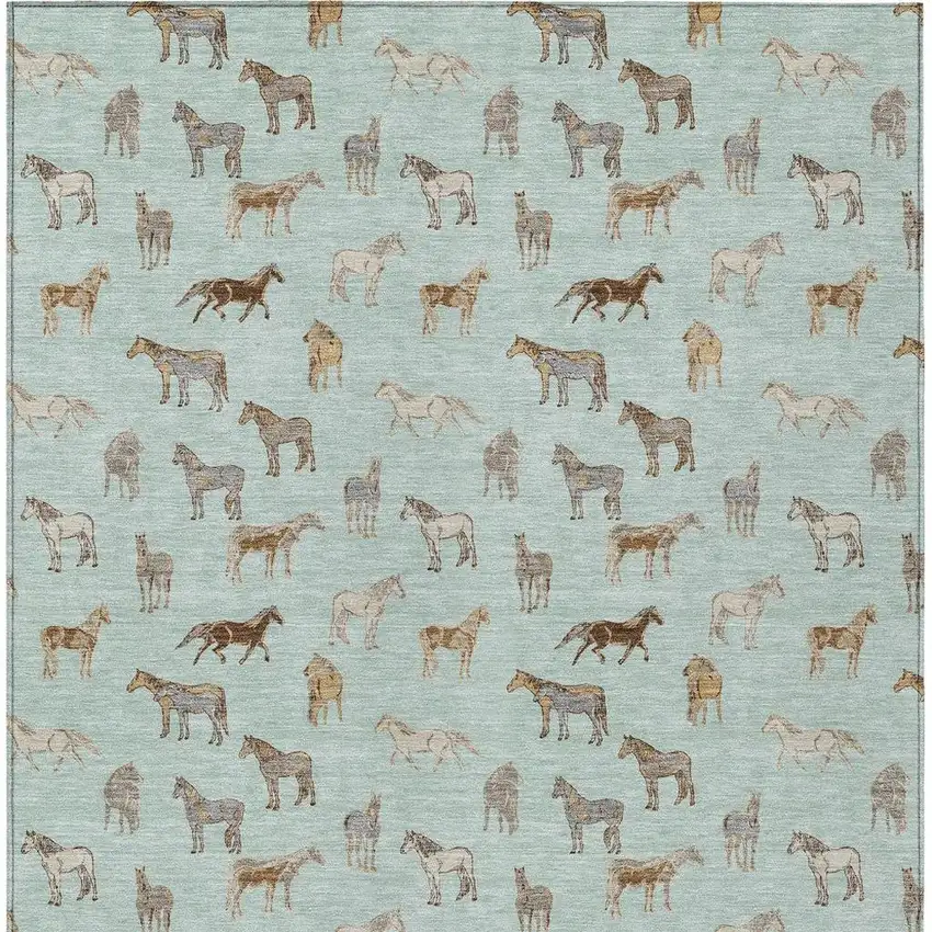 Mint Green And Beige Horse Washable Indoor Outdoor Area Rug Photo 4