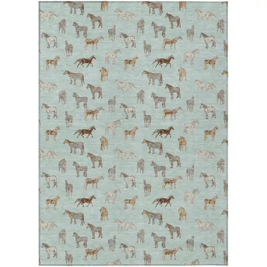 Mint Green And Beige Horse Washable Indoor Outdoor Area Rug Photo 2