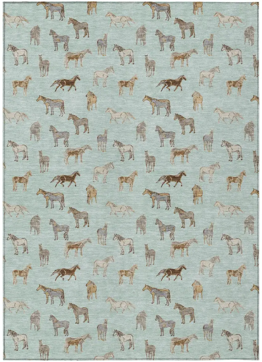 Mint Green And Beige Horse Washable Indoor Outdoor Area Rug Photo 2