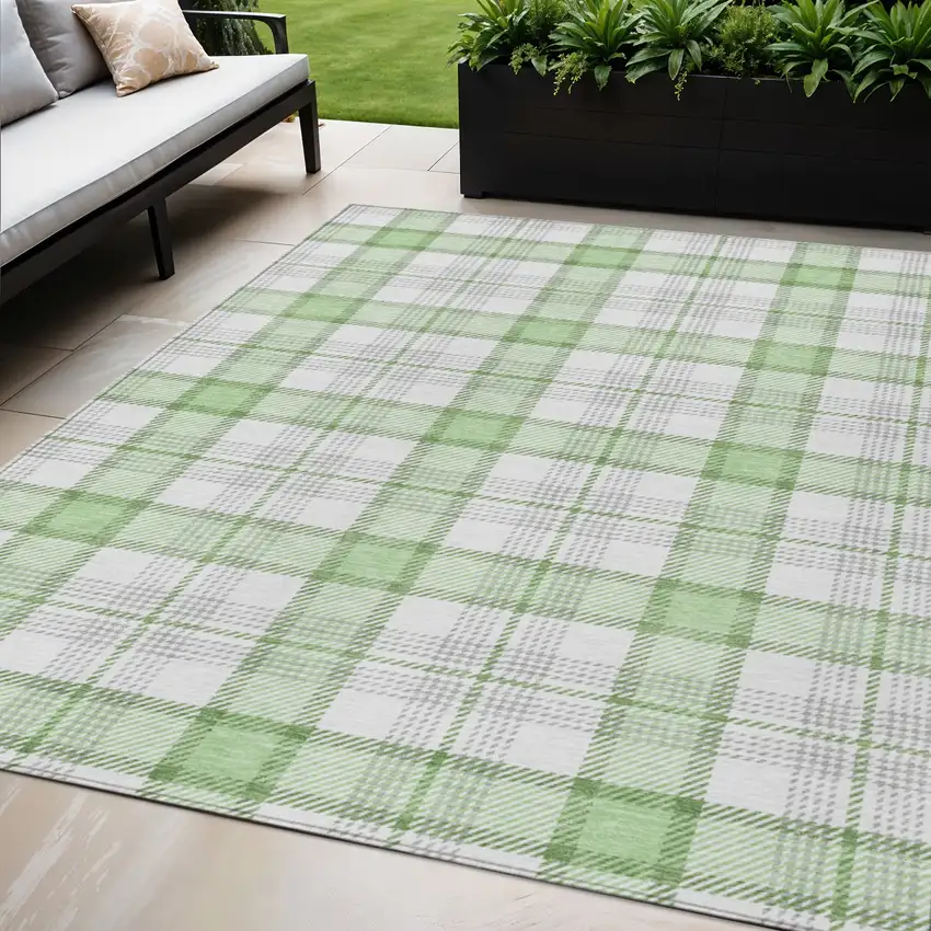 Mint Green And Beige Plaid Washable Indoor Outdoor Area Rug Photo 1