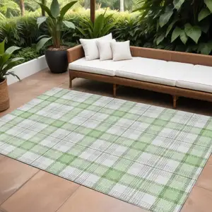 Photo of Mint Green And Beige Plaid Washable Indoor Outdoor Area Rug