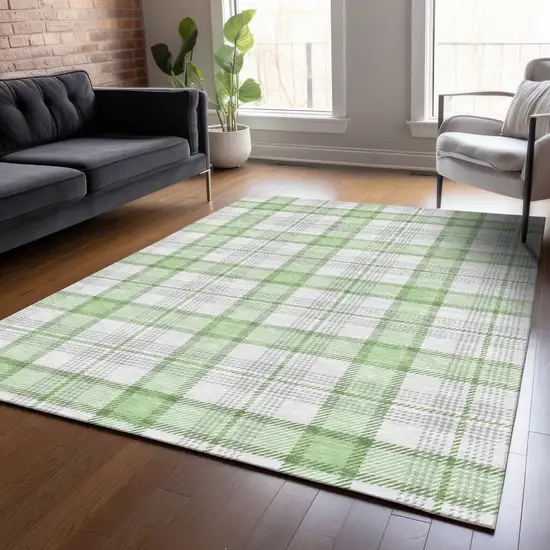 Mint Green And Beige Plaid Washable Indoor Outdoor Area Rug Photo 8