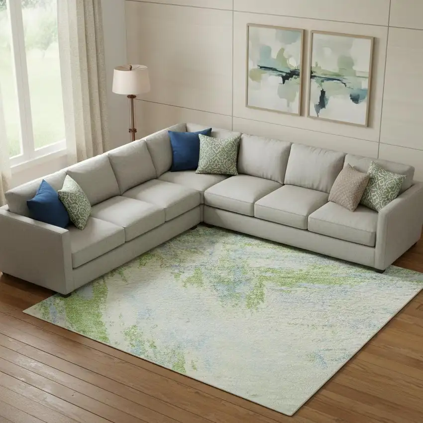 Mint Green And Blue Abstract Washable Area Rug With UV Protection Photo 2