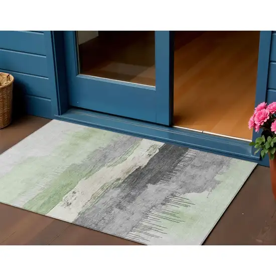 Mint Green And Charcoal Abstract Washable Indoor Outdoor Area Rug Photo 2