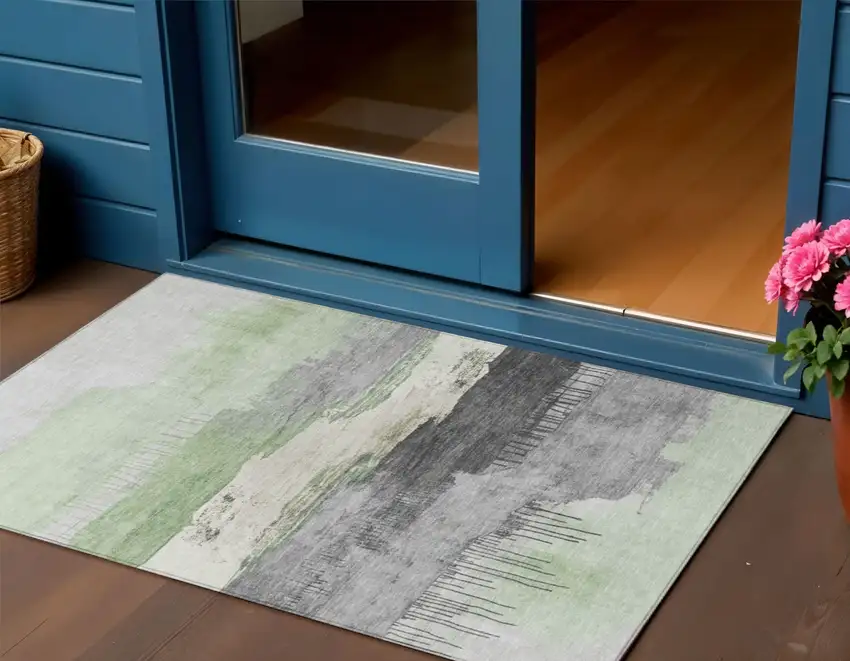 Mint Green And Charcoal Abstract Washable Indoor Outdoor Area Rug Photo 2