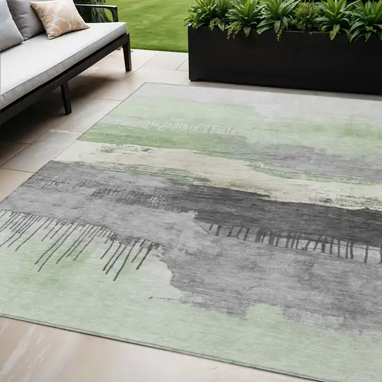 Mint Green And Charcoal Abstract Washable Indoor Outdoor Area Rug Photo 2