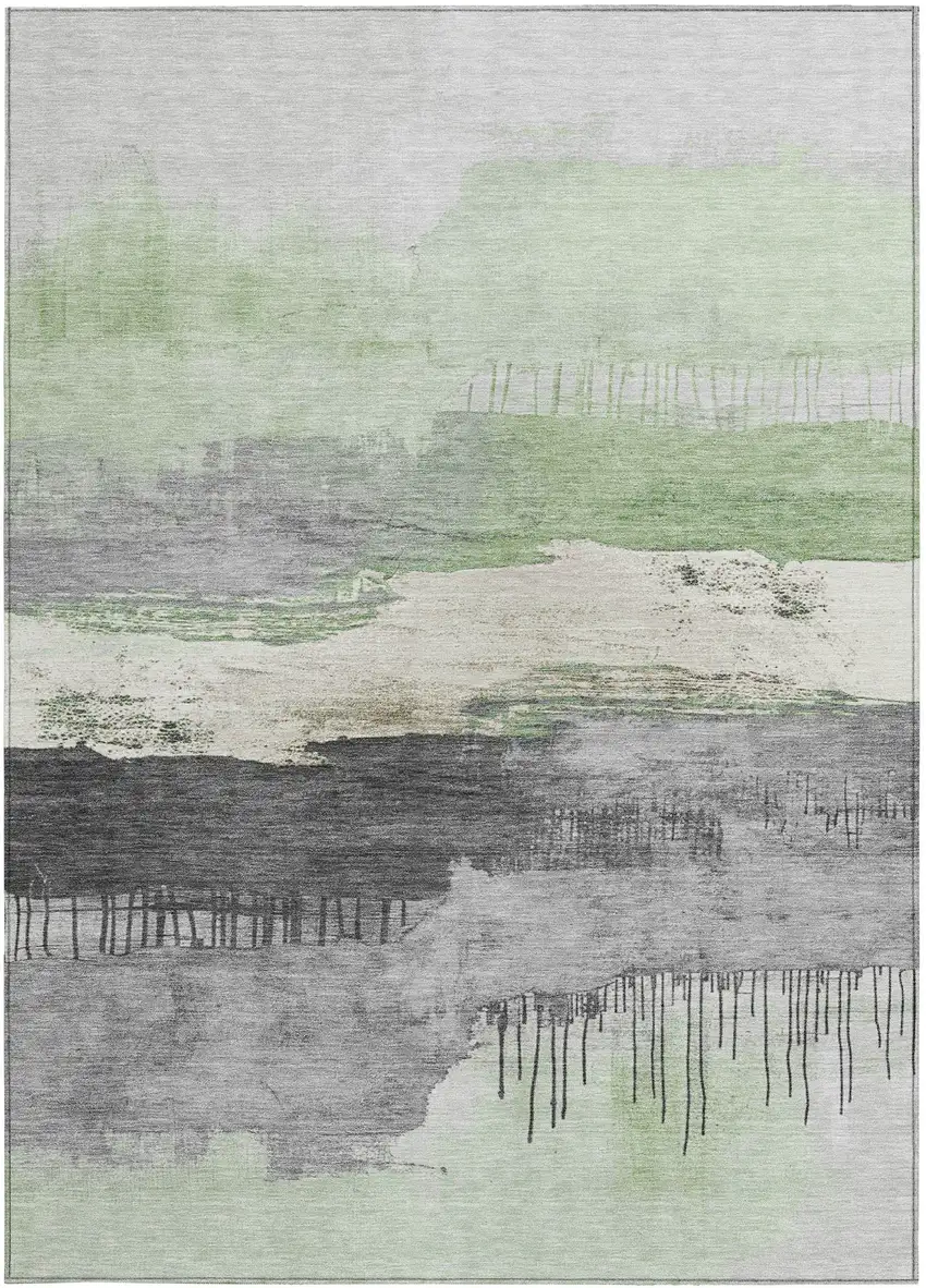 Mint Green And Charcoal Abstract Washable Indoor Outdoor Area Rug Photo 4