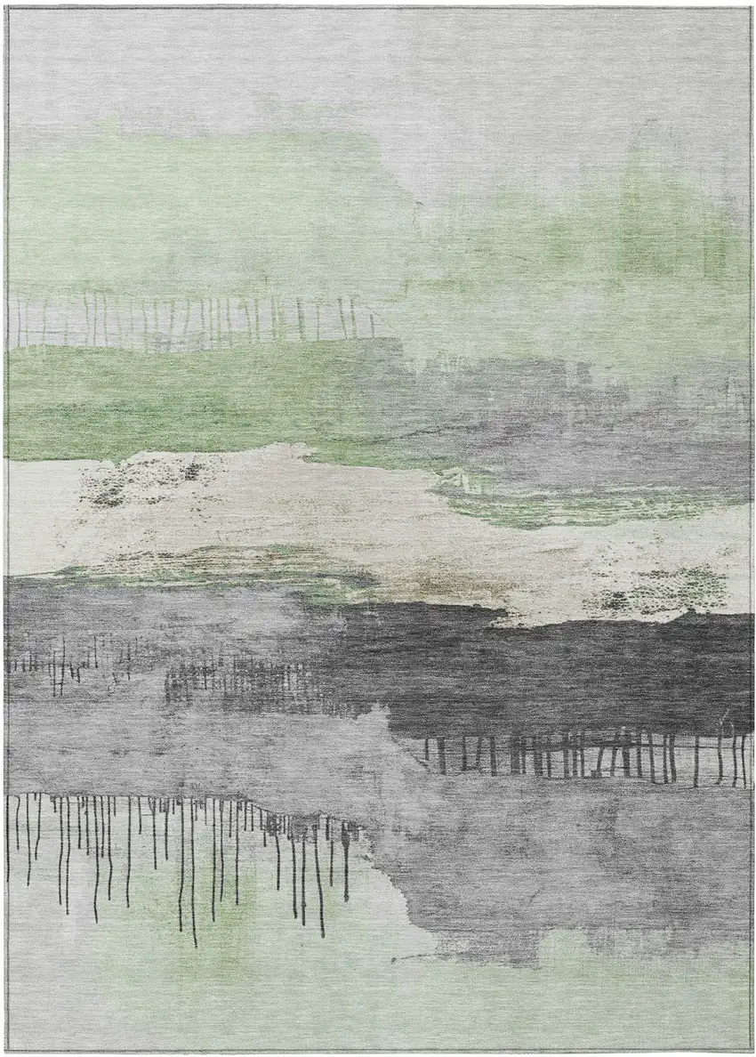 Mint Green And Charcoal Abstract Washable Indoor Outdoor Area Rug Photo 7
