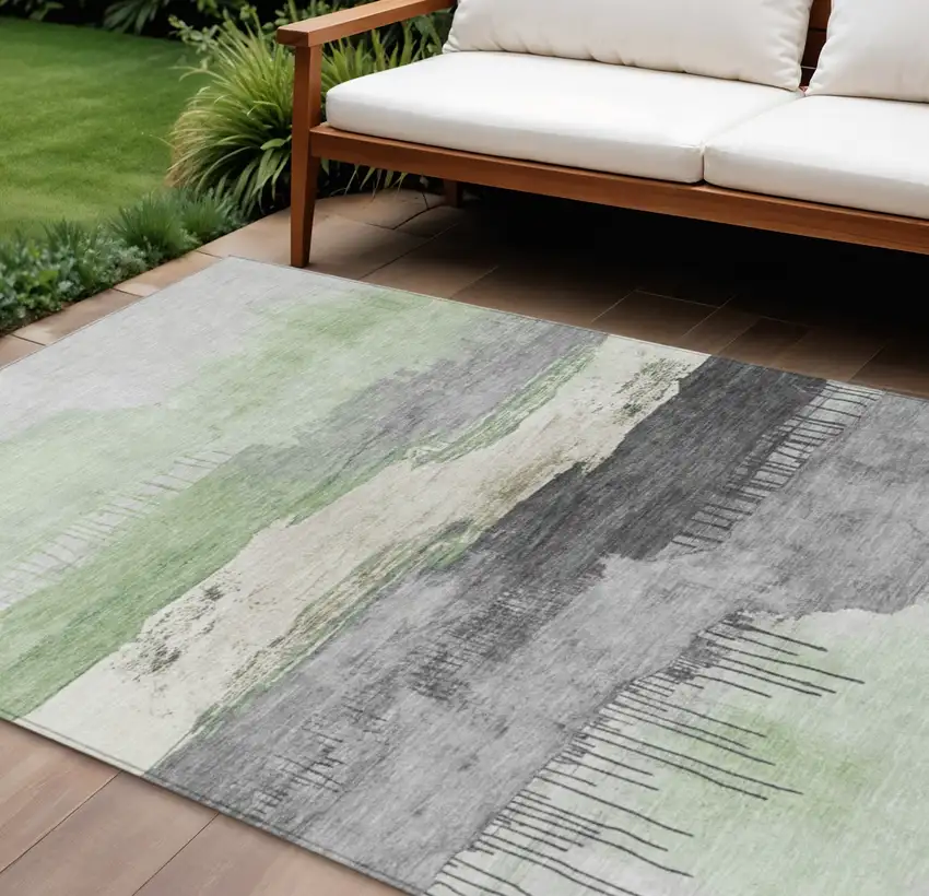 Mint Green And Charcoal Abstract Washable Indoor Outdoor Area Rug Photo 2