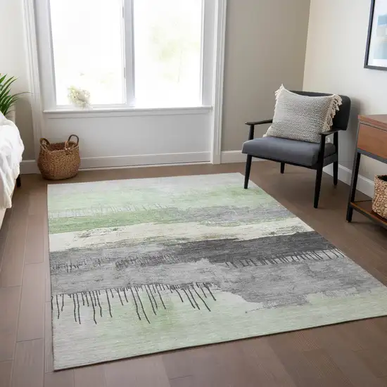 Mint Green And Charcoal Abstract Washable Indoor Outdoor Area Rug Photo 6