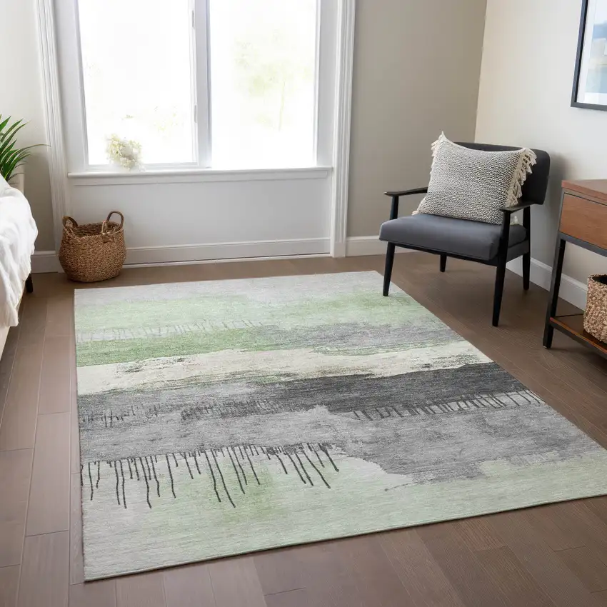 Mint Green And Charcoal Abstract Washable Indoor Outdoor Area Rug Photo 6