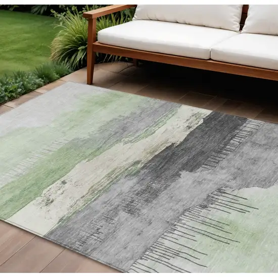 Mint Green And Charcoal Abstract Washable Indoor Outdoor Area Rug Photo 2