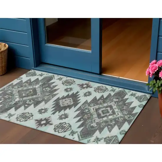 Mint Green And Charcoal Tribal Washable Indoor Outdoor Area Rug Photo 2