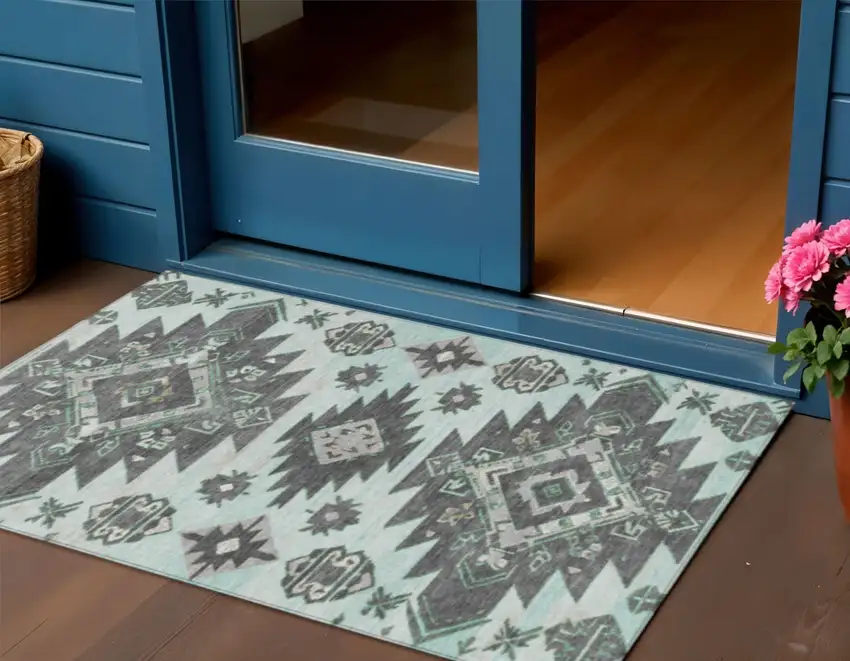 Mint Green And Charcoal Tribal Washable Indoor Outdoor Area Rug Photo 2