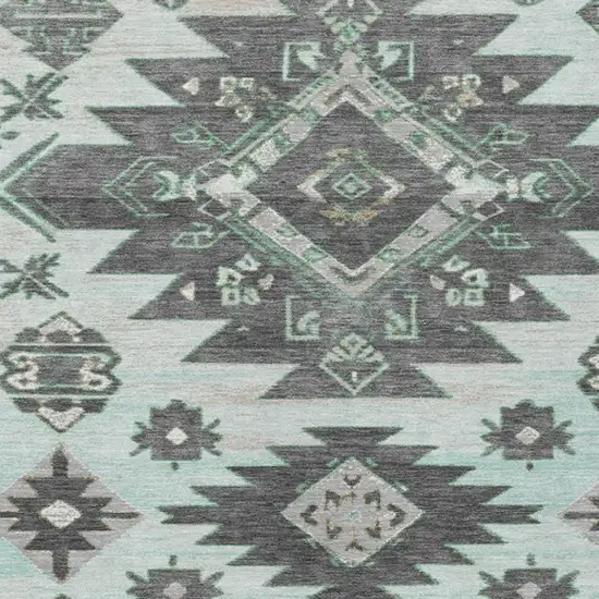 Mint Green And Charcoal Tribal Washable Indoor Outdoor Area Rug Photo 3