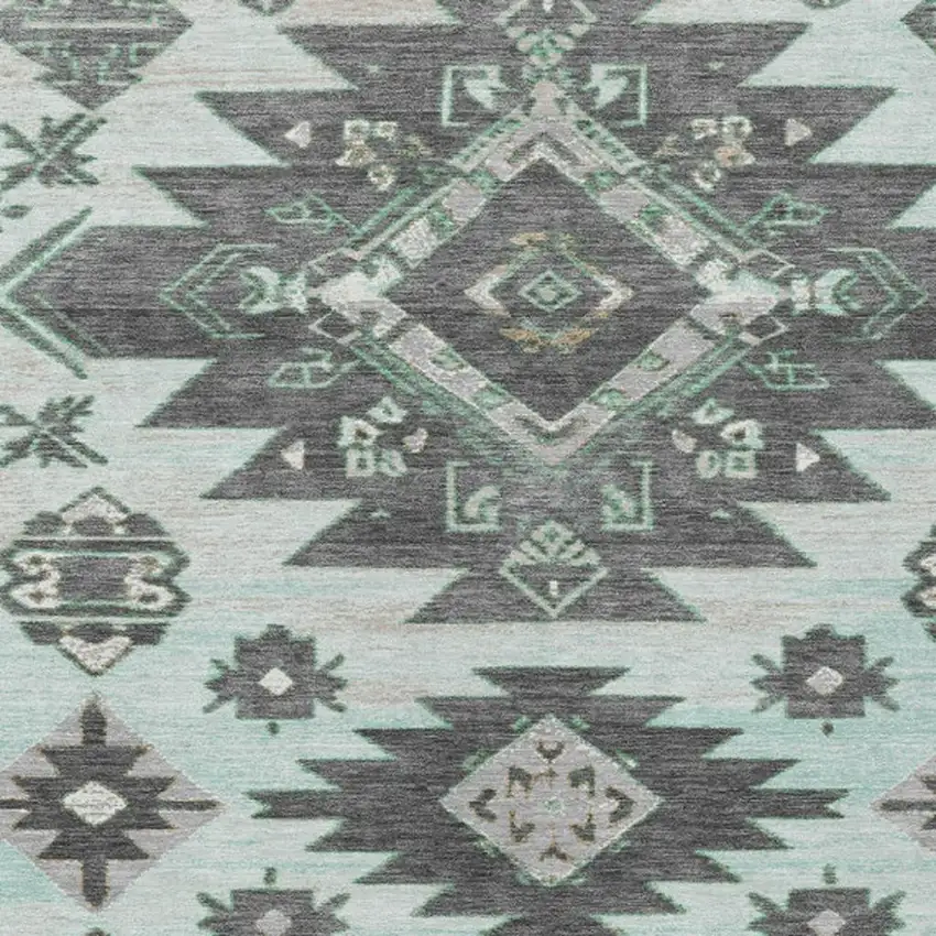 Mint Green And Charcoal Tribal Washable Indoor Outdoor Area Rug Photo 3