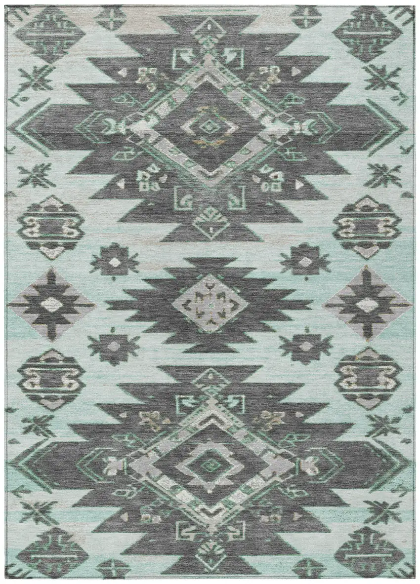 Mint Green And Charcoal Tribal Washable Indoor Outdoor Area Rug Photo 1