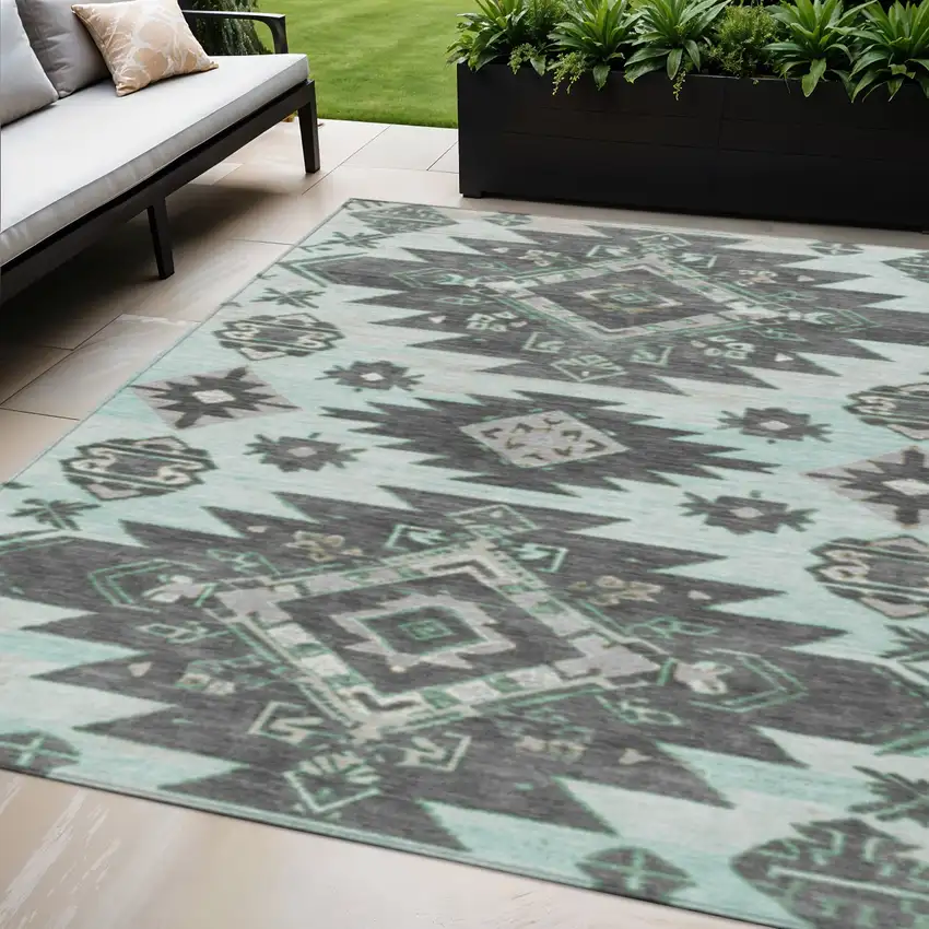 Mint Green And Charcoal Tribal Washable Indoor Outdoor Area Rug Photo 2