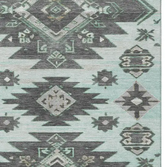Mint Green And Charcoal Tribal Washable Indoor Outdoor Area Rug Photo 3