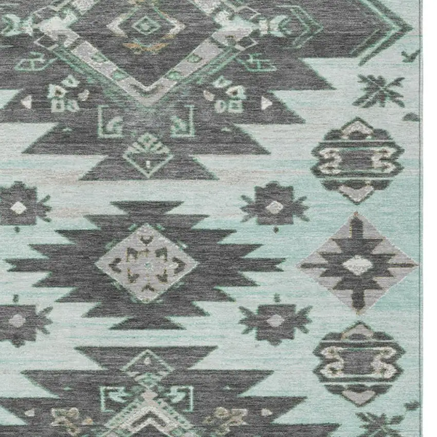 Mint Green And Charcoal Tribal Washable Indoor Outdoor Area Rug Photo 3
