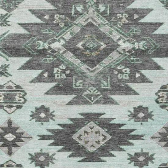Mint Green And Charcoal Tribal Washable Indoor Outdoor Area Rug Photo 7