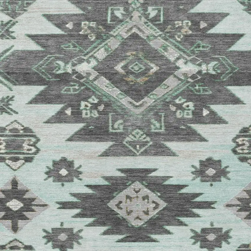 Mint Green And Charcoal Tribal Washable Indoor Outdoor Area Rug Photo 7