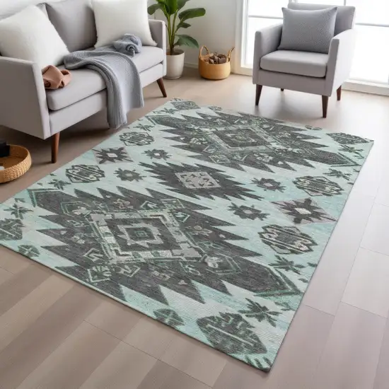 Mint Green And Charcoal Tribal Washable Indoor Outdoor Area Rug Photo 6