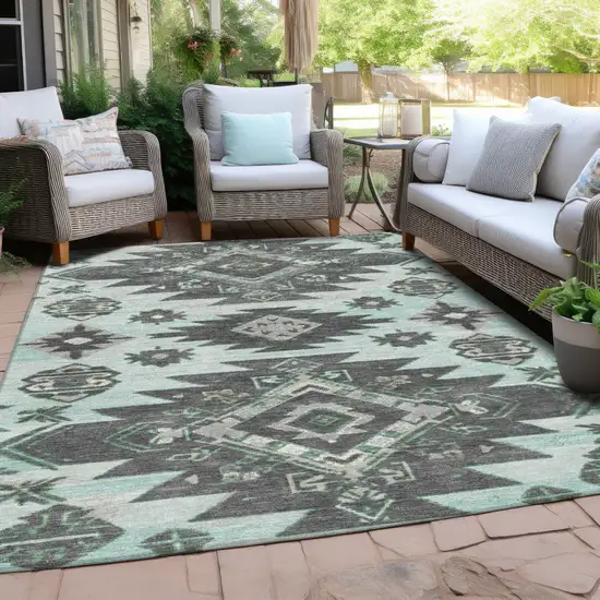 Mint Green And Charcoal Tribal Washable Indoor Outdoor Area Rug Photo 5